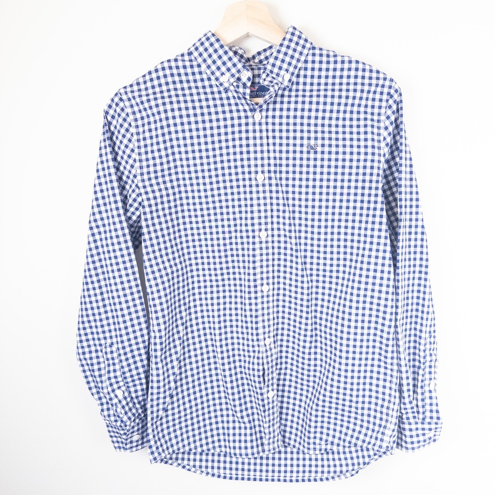 Vineyard Vines Whale Shirt Boys L Sz 16 Blue Gingham Button Down Cotton